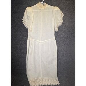 70s Edwardian White Linen Lace Tea Dress Dropped Waist Puff Sleeve Short S